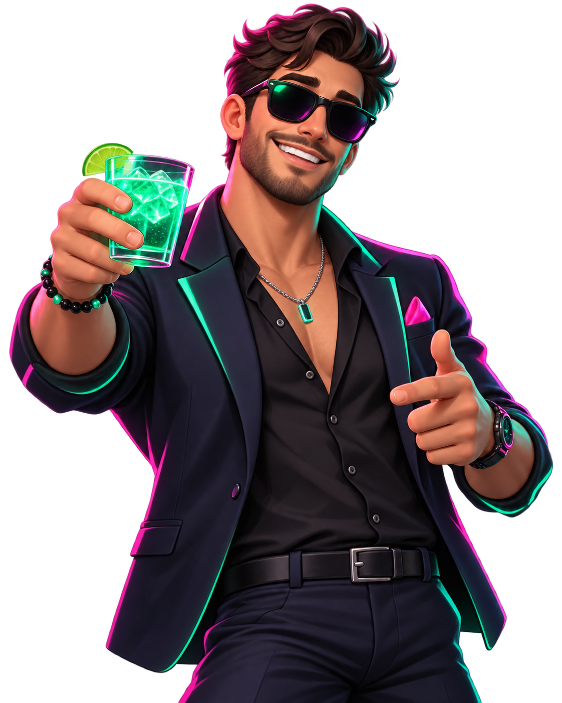 Drinkuu’s neon-lit host raising a glass